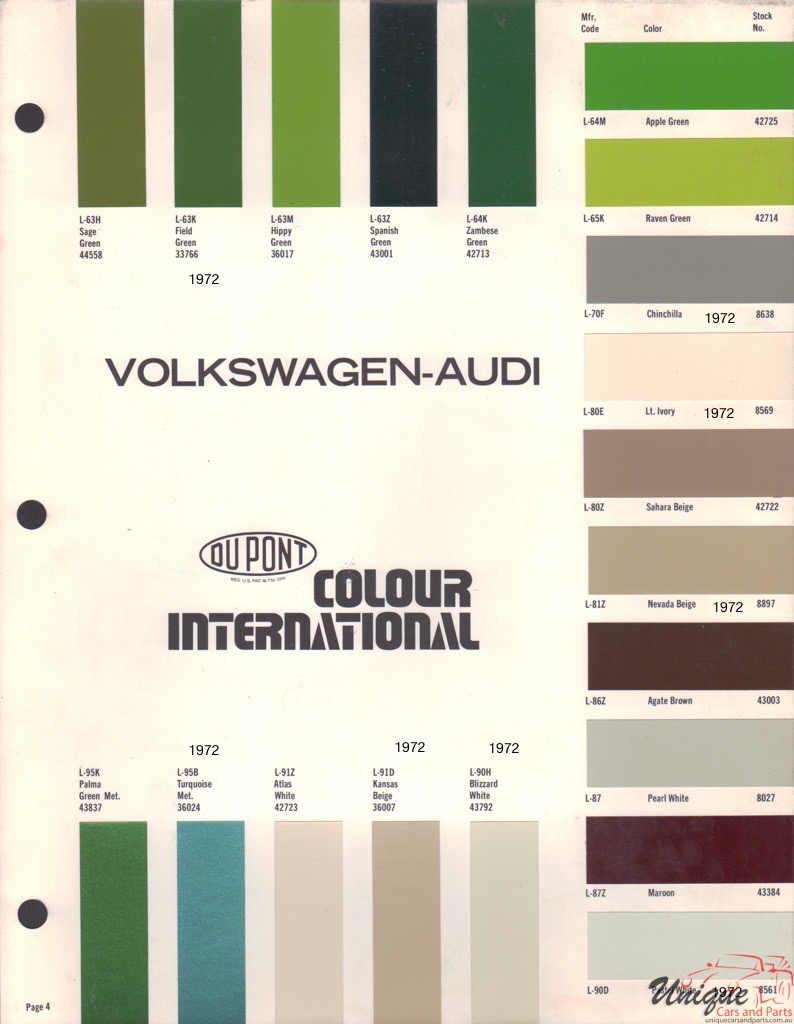 1972 Volkswagen International Paint Charts DuPont 4